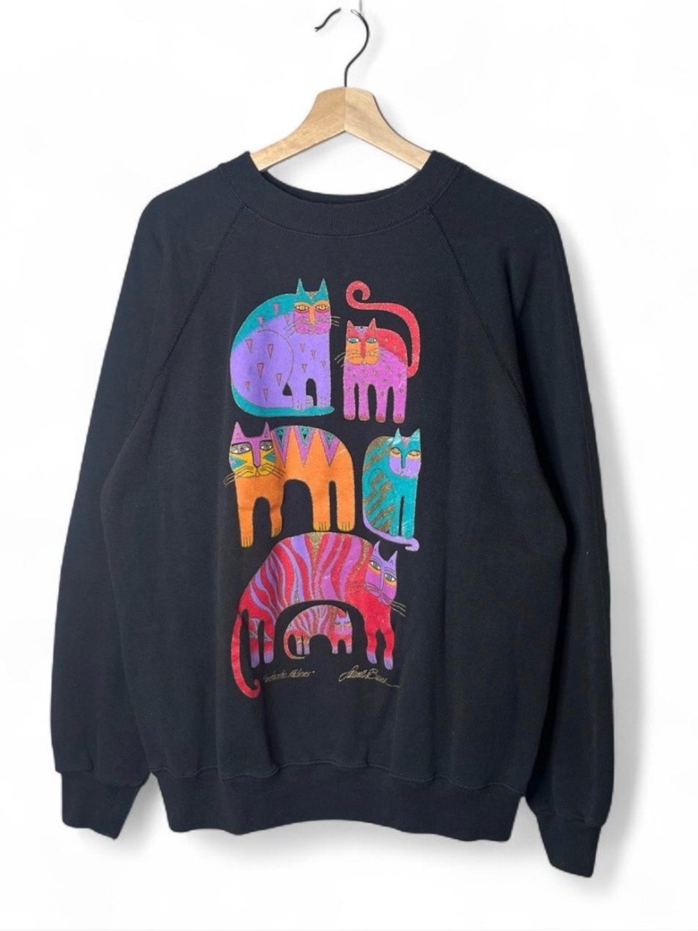 Laurel Burch Fantastic Felines Colorful Cat Print Crewneck Sweater